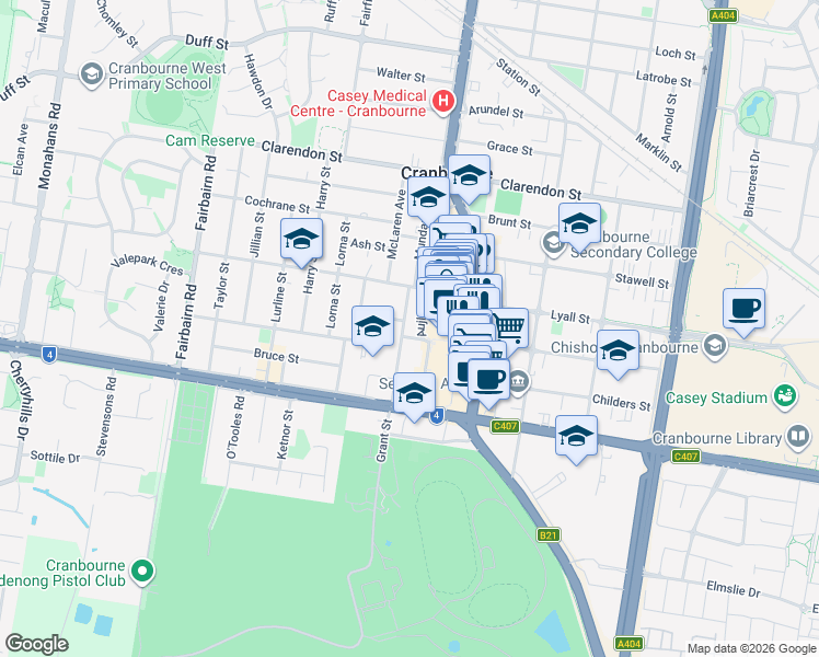 map of restaurants, bars, coffee shops, grocery stores, and more near 22 Scott Street in Cranbourne