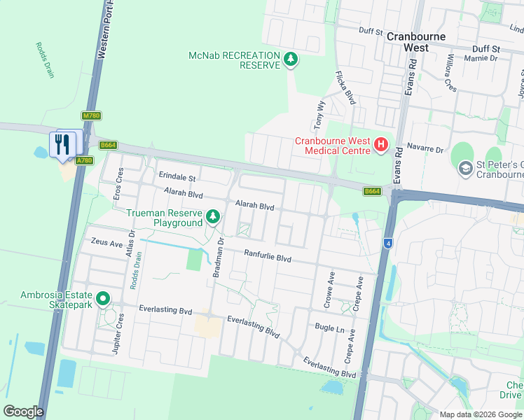 map of restaurants, bars, coffee shops, grocery stores, and more near 35 Alarah Boulevard in Cranbourne West