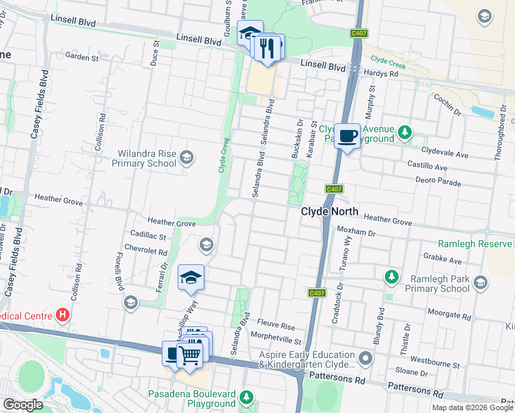 map of restaurants, bars, coffee shops, grocery stores, and more near 96 Heather Grove in Clyde North