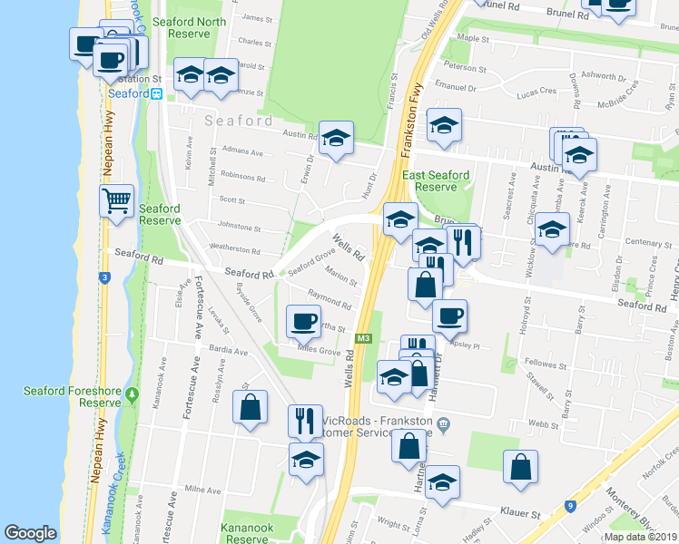 map of restaurants, bars, coffee shops, grocery stores, and more near 3 Marion Street in Seaford
