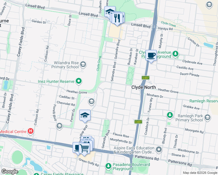 map of restaurants, bars, coffee shops, grocery stores, and more near 76 Selandra Boulevard in Clyde North