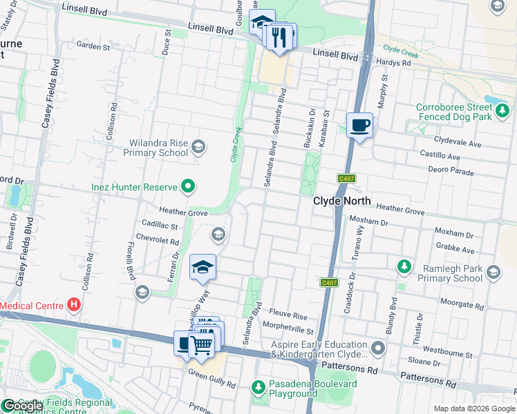 map of restaurants, bars, coffee shops, grocery stores, and more near 78 Selandra Boulevard in Clyde North