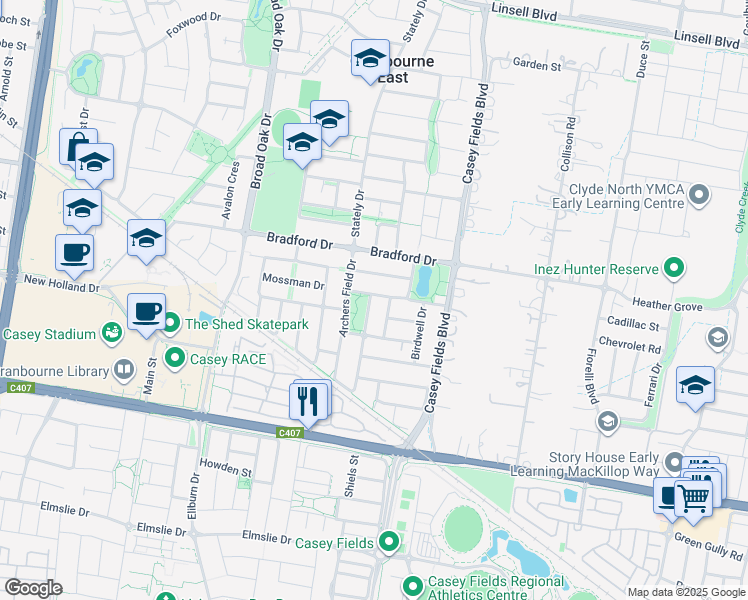 map of restaurants, bars, coffee shops, grocery stores, and more near 25 Ardent Crescent in Cranbourne East