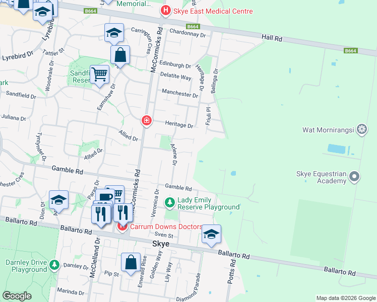map of restaurants, bars, coffee shops, grocery stores, and more near 11 Streeton Court in Skye