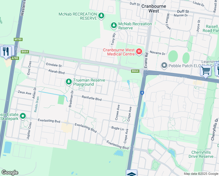 map of restaurants, bars, coffee shops, grocery stores, and more near 27 John Russell Road in Cranbourne West