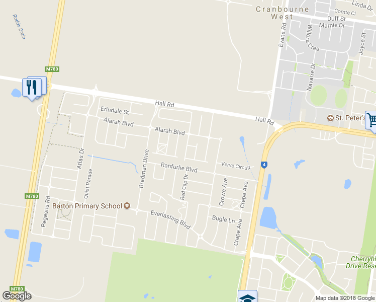 map of restaurants, bars, coffee shops, grocery stores, and more near 50 John Russell Road in Cranbourne West