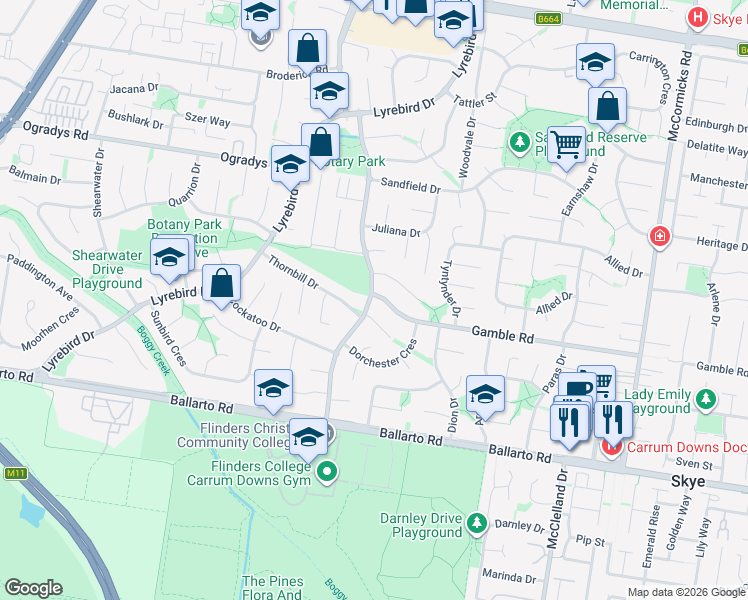 map of restaurants, bars, coffee shops, grocery stores, and more near 44 Greenwood Drive in Carrum Downs