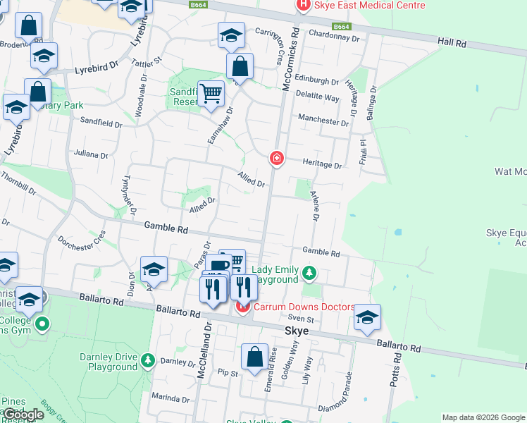 map of restaurants, bars, coffee shops, grocery stores, and more near 55 McCormicks Road in Carrum Downs