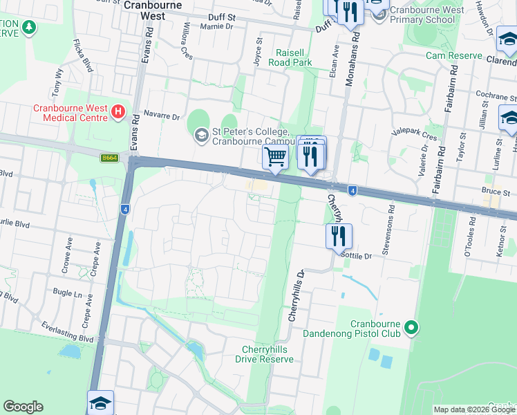 map of restaurants, bars, coffee shops, grocery stores, and more near Denistoun Crescent in Cranbourne