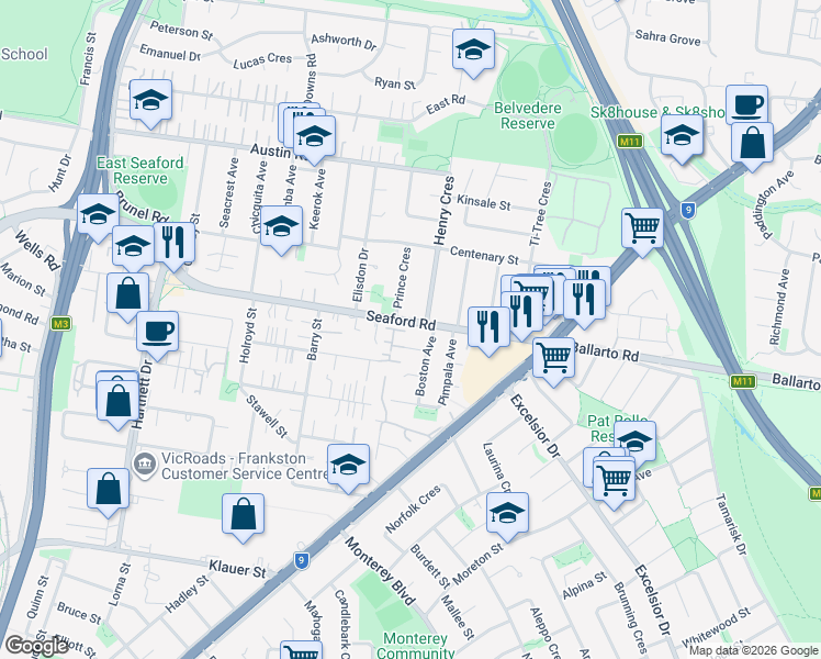 map of restaurants, bars, coffee shops, grocery stores, and more near 235 Seaford Road in Seaford