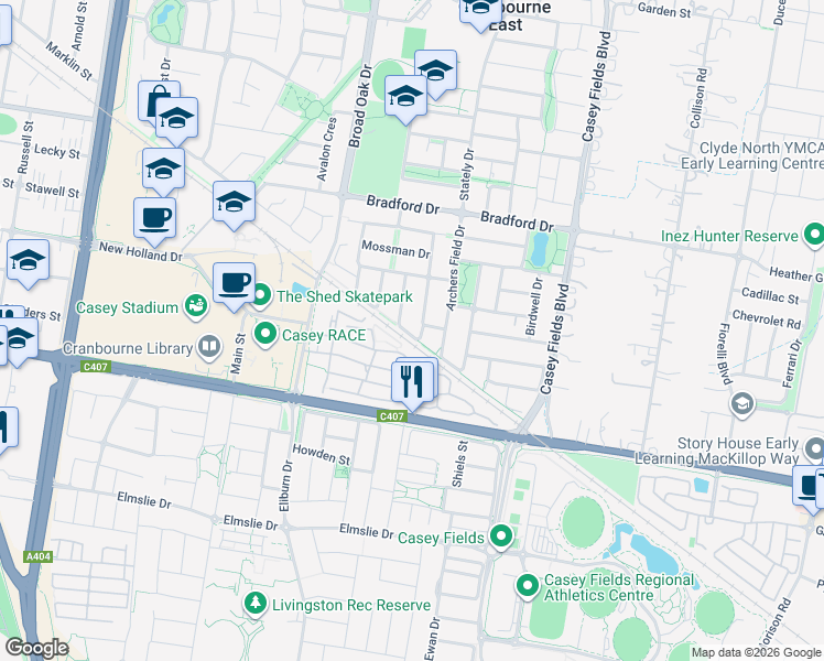 map of restaurants, bars, coffee shops, grocery stores, and more near 26 Maddock Drive in Cranbourne East