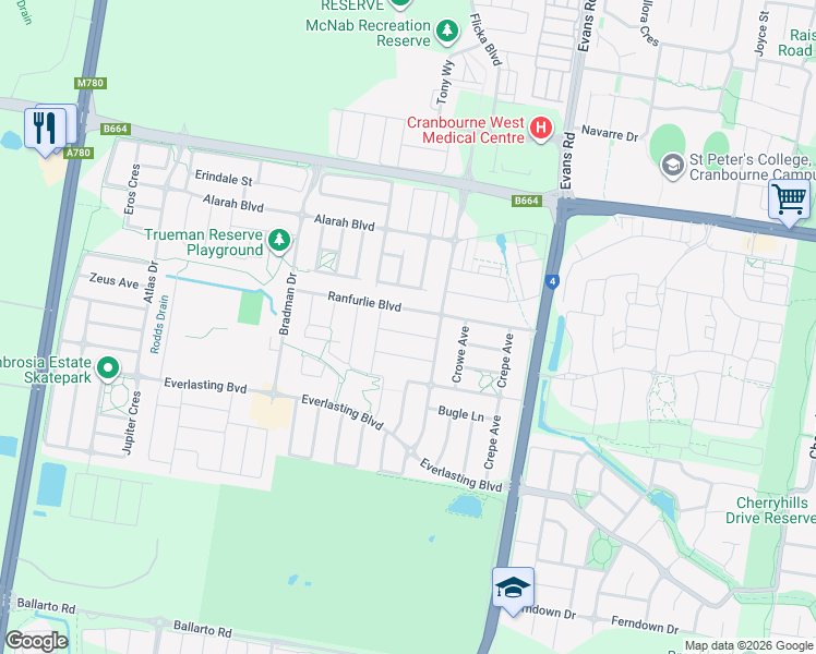 map of restaurants, bars, coffee shops, grocery stores, and more near 14 Mayflower Drive in Cranbourne West