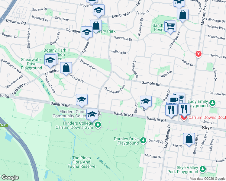map of restaurants, bars, coffee shops, grocery stores, and more near 7 Dorchester Crescent in Carrum Downs