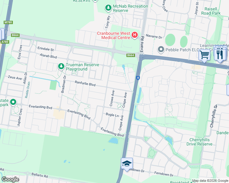 map of restaurants, bars, coffee shops, grocery stores, and more near 20 Crowe Avenue in Cranbourne West