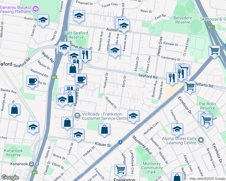 map of restaurants, bars, coffee shops, grocery stores, and more near 14 Fellowes Street in Seaford