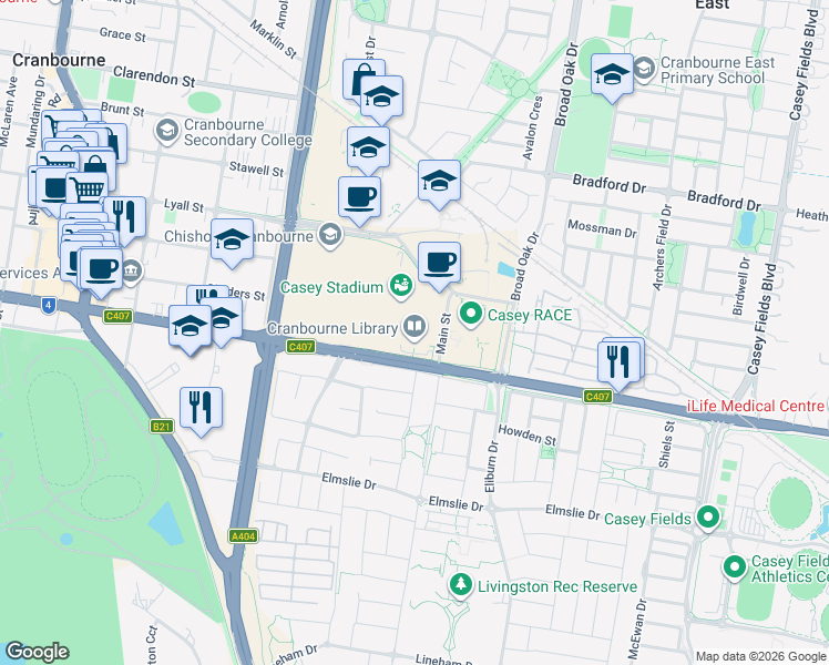 map of restaurants, bars, coffee shops, grocery stores, and more near 65 Berwick-Cranbourne Road in Cranbourne East