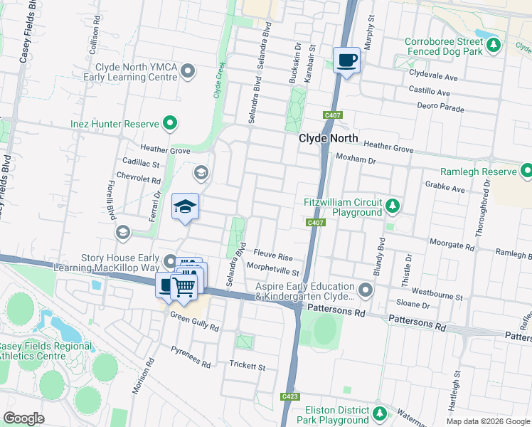 map of restaurants, bars, coffee shops, grocery stores, and more near 9 Falabela Road in Clyde North