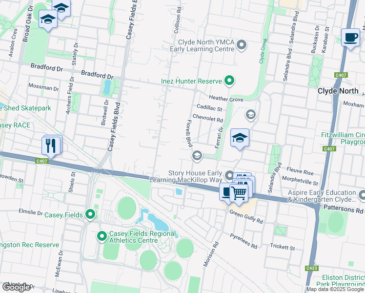 map of restaurants, bars, coffee shops, grocery stores, and more near 8 Fairlane Court in Cranbourne East