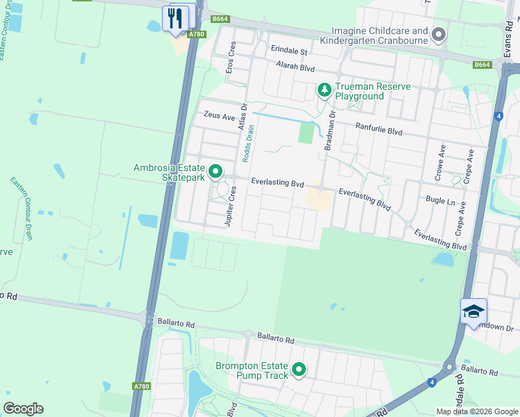 map of restaurants, bars, coffee shops, grocery stores, and more near Lindwall Drive in Cranbourne West