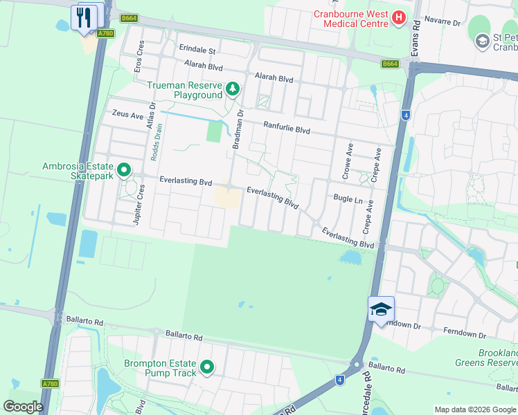 map of restaurants, bars, coffee shops, grocery stores, and more near 9 Lemon Grove in Cranbourne West