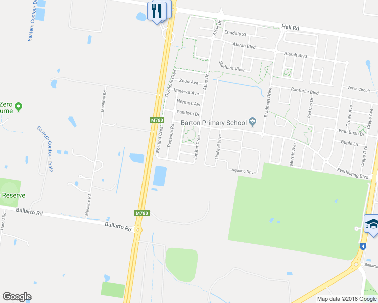 map of restaurants, bars, coffee shops, grocery stores, and more near 11 Hestia Avenue in Cranbourne West