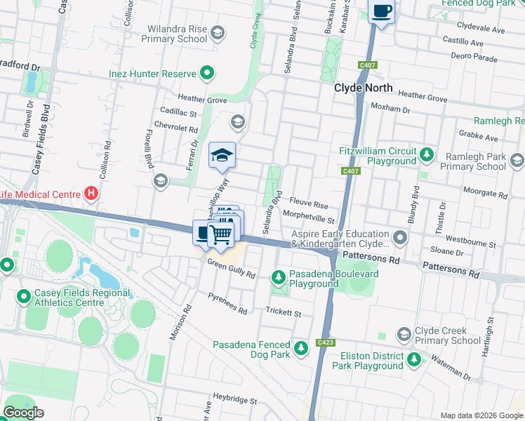 map of restaurants, bars, coffee shops, grocery stores, and more near 3 Freiberger Grove in Clyde North