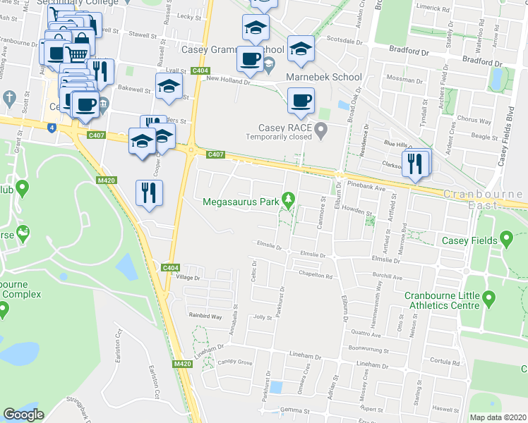 map of restaurants, bars, coffee shops, grocery stores, and more near Murrayfield Street in Cranbourne East