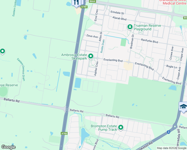 map of restaurants, bars, coffee shops, grocery stores, and more near 28 Jupiter Crescent in Cranbourne West