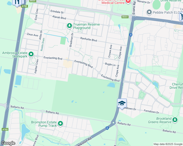 map of restaurants, bars, coffee shops, grocery stores, and more near 17 Stocks Drive in Cranbourne West