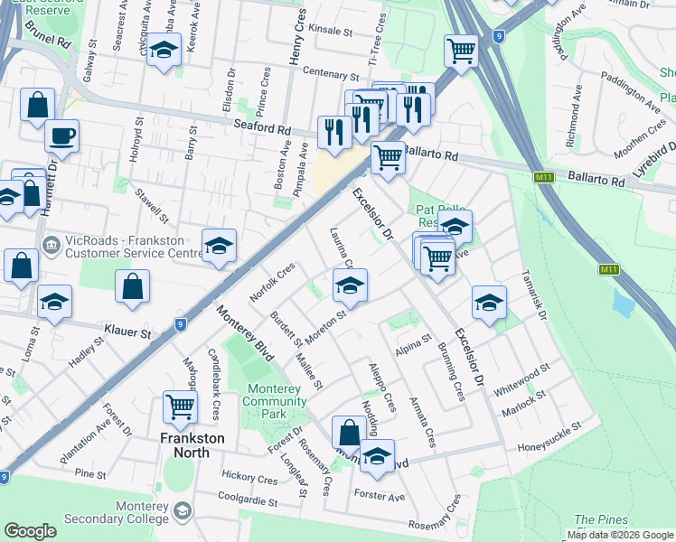 map of restaurants, bars, coffee shops, grocery stores, and more near 40 Radiata Street in Frankston North
