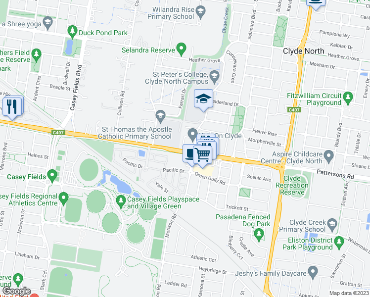 map of restaurants, bars, coffee shops, grocery stores, and more near 265 Berwick-Cranbourne Road in Clyde North