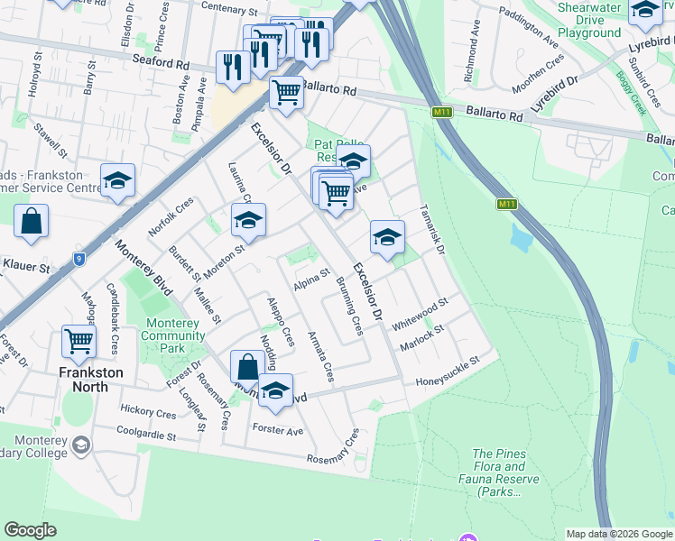 map of restaurants, bars, coffee shops, grocery stores, and more near 29 Brunning Crescent in Frankston North