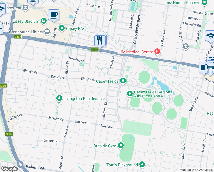 map of restaurants, bars, coffee shops, grocery stores, and more near 6 McEwan Drive in Cranbourne East