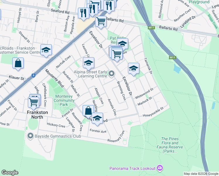 map of restaurants, bars, coffee shops, grocery stores, and more near 41 Hodgins Crescent in Frankston North