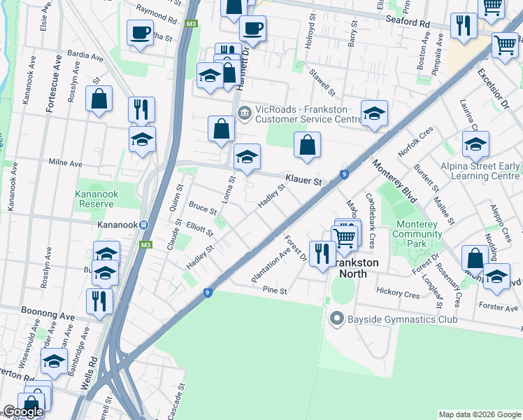 map of restaurants, bars, coffee shops, grocery stores, and more near 70 Hadley Street in Seaford