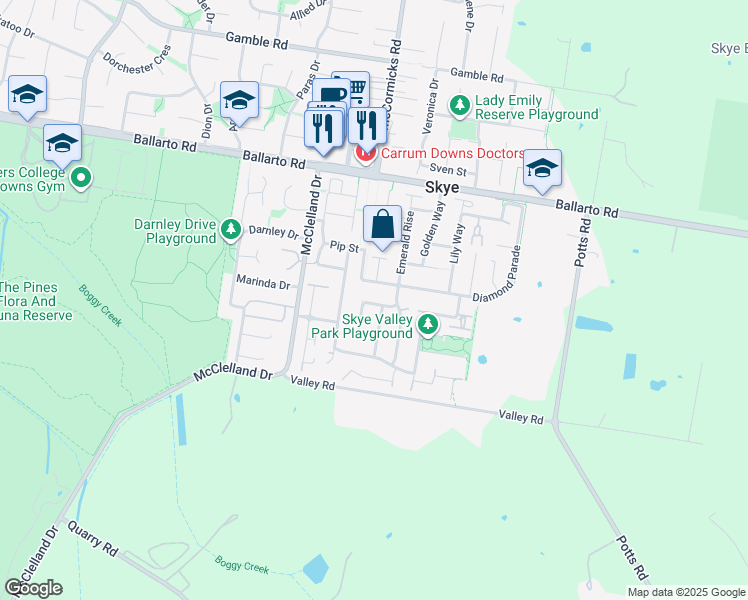 map of restaurants, bars, coffee shops, grocery stores, and more near 4 Paradise Way in Skye