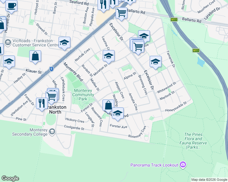 map of restaurants, bars, coffee shops, grocery stores, and more near 27 Nodding Avenue in Frankston North