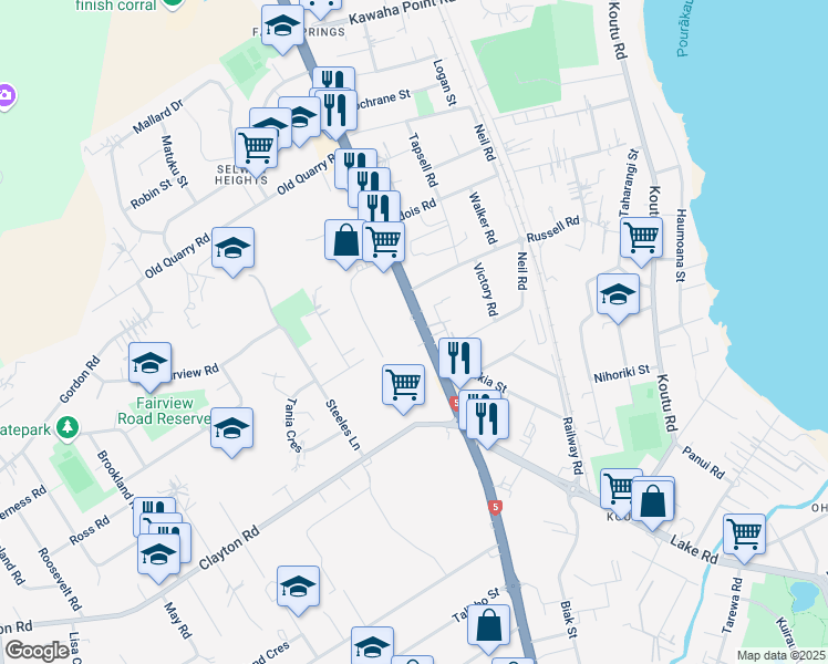 map of restaurants, bars, coffee shops, grocery stores, and more near 36 Fairy Springs Road in Rotorua