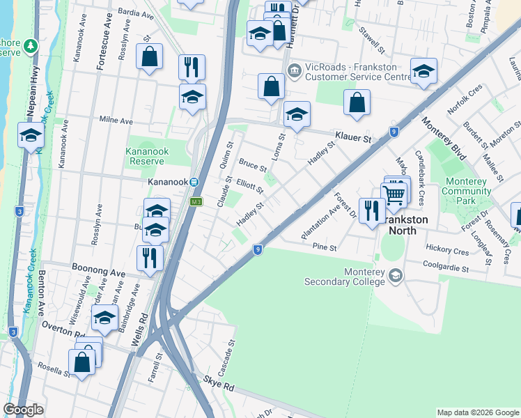 map of restaurants, bars, coffee shops, grocery stores, and more near 12 Braemar Street in Seaford