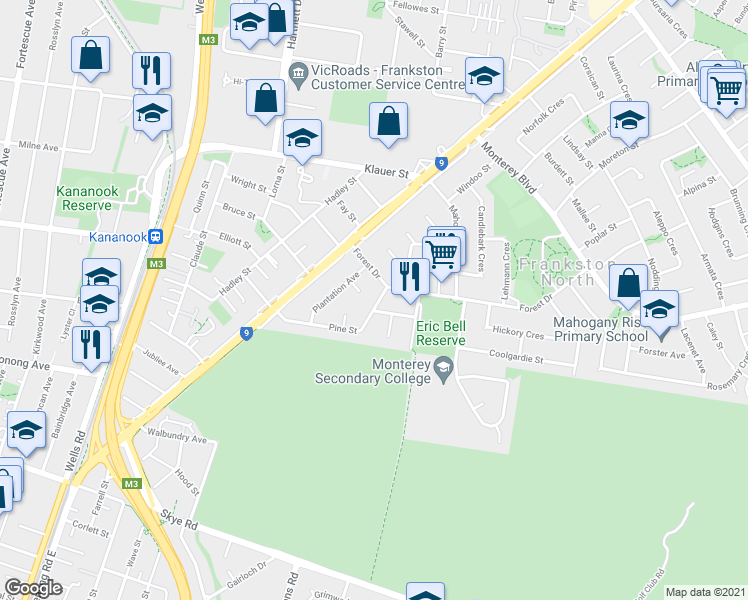 map of restaurants, bars, coffee shops, grocery stores, and more near 39 Pine Street in Frankston North