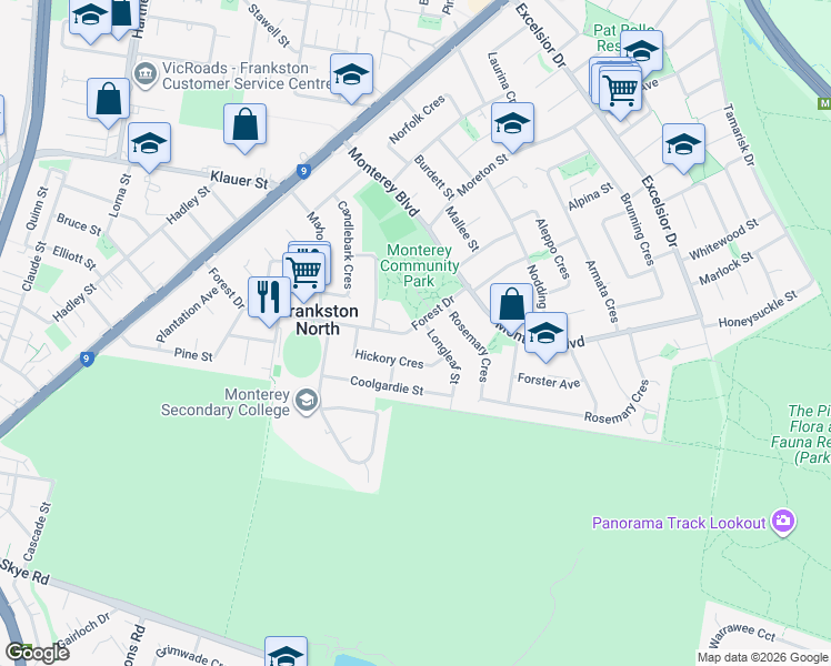 map of restaurants, bars, coffee shops, grocery stores, and more near 78 Forest Drive in Frankston North