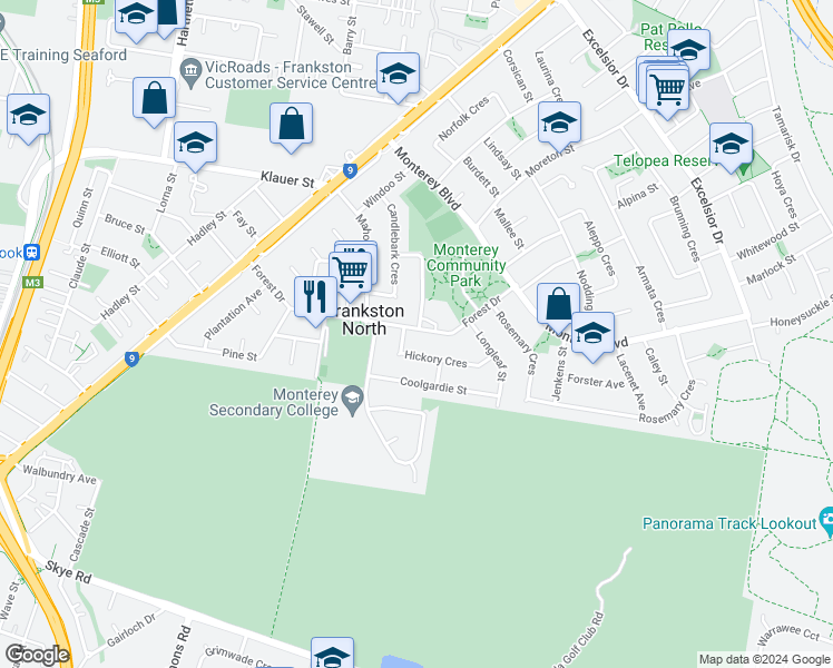 map of restaurants, bars, coffee shops, grocery stores, and more near 58 Forest Drive in Frankston North