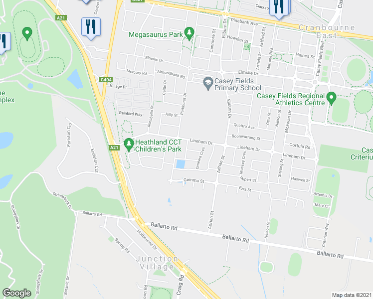 map of restaurants, bars, coffee shops, grocery stores, and more near Dartnell Street in Cranbourne East