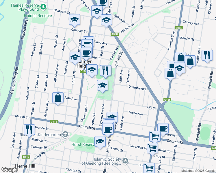 map of restaurants, bars, coffee shops, grocery stores, and more near in Hamlyn Heights