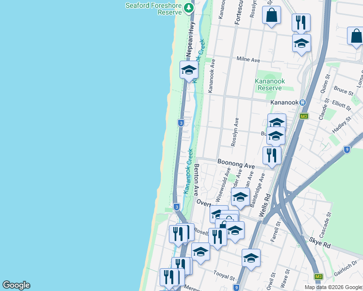 map of restaurants, bars, coffee shops, grocery stores, and more near 278 Nepean Highway in Seaford