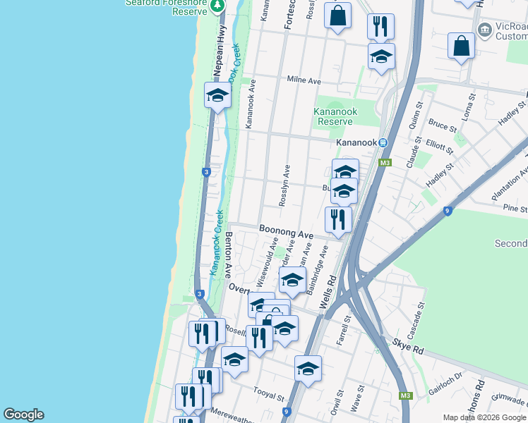 map of restaurants, bars, coffee shops, grocery stores, and more near 171 Fortescue Avenue in Seaford
