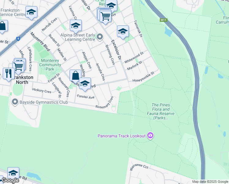 map of restaurants, bars, coffee shops, grocery stores, and more near 8 Indigo Court in Frankston North