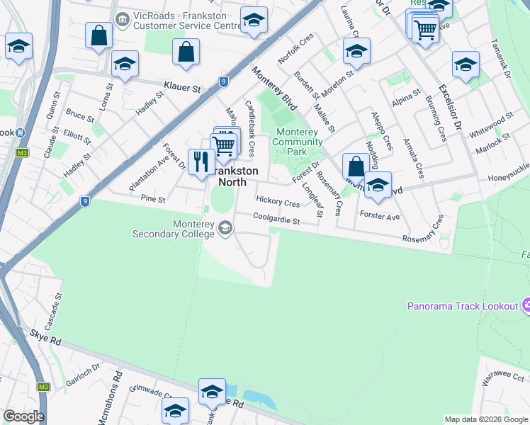 map of restaurants, bars, coffee shops, grocery stores, and more near 15 Coolgardie Street in Frankston North