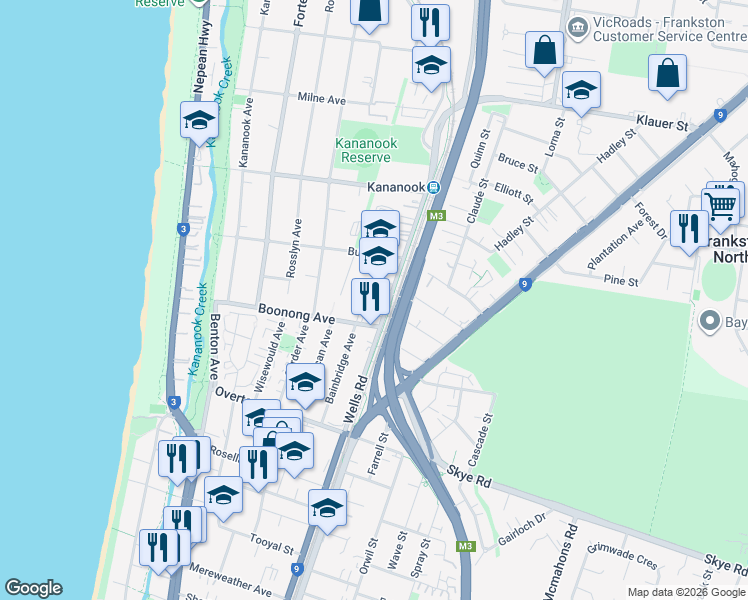 map of restaurants, bars, coffee shops, grocery stores, and more near 21 Wells Road in Seaford