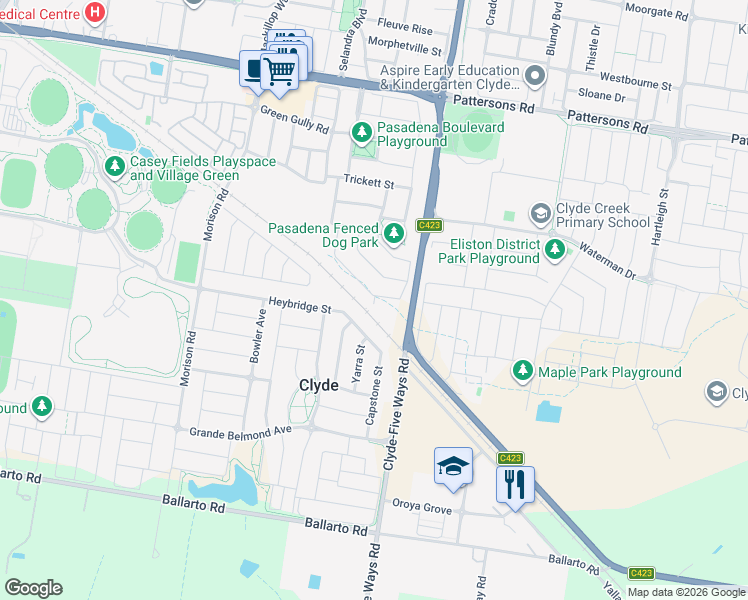 map of restaurants, bars, coffee shops, grocery stores, and more near French Street in Clyde